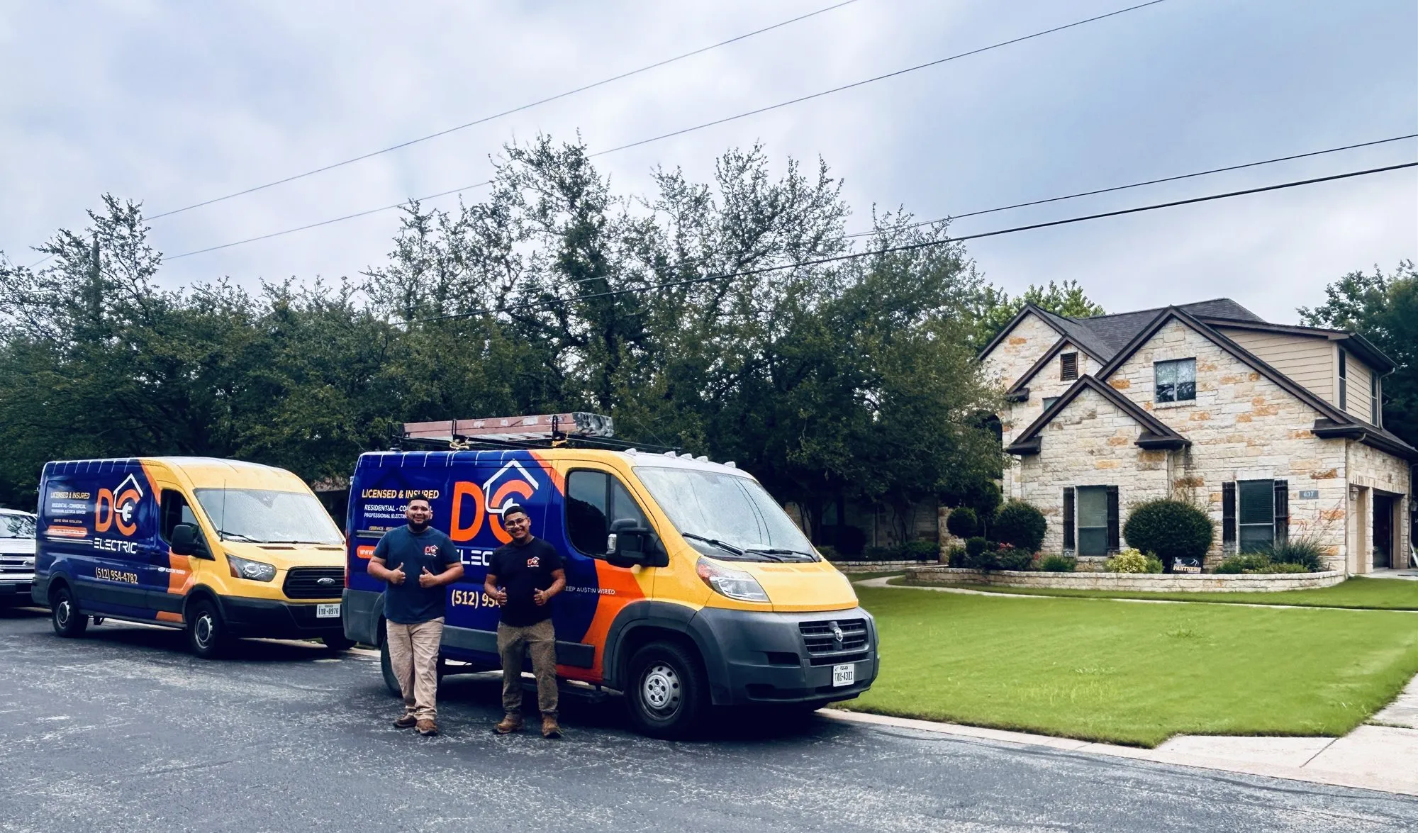 Early-morning start, trucks loaded — licensed residential electrician in Austin TX (DC Electric)