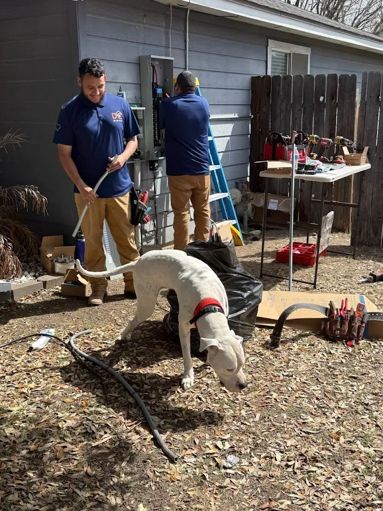 A friendly dog supervising the crew on a job site — licensed residential electrician in Austin TX (DC Electric)
