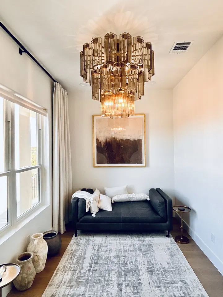 Custom glass chandelier professionally mounted and wired by DC Electric in Austin TX