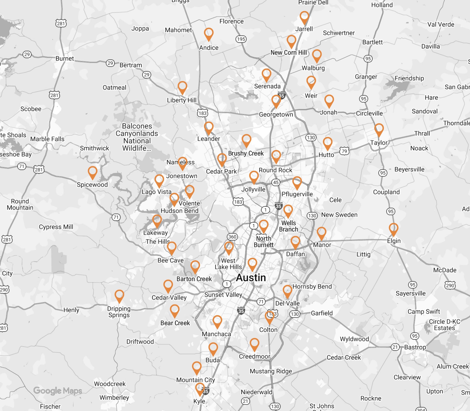 Map of Austin and surrounding areas like Cedar Park, Round Rock, and Pflugerville, showing DC Electric’s service region in Travis and Williamson Counties, TX